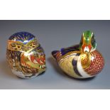 A Royal Crown Derby paperweight, Carolina Duck, gold stopper, boxed; another, Owl,