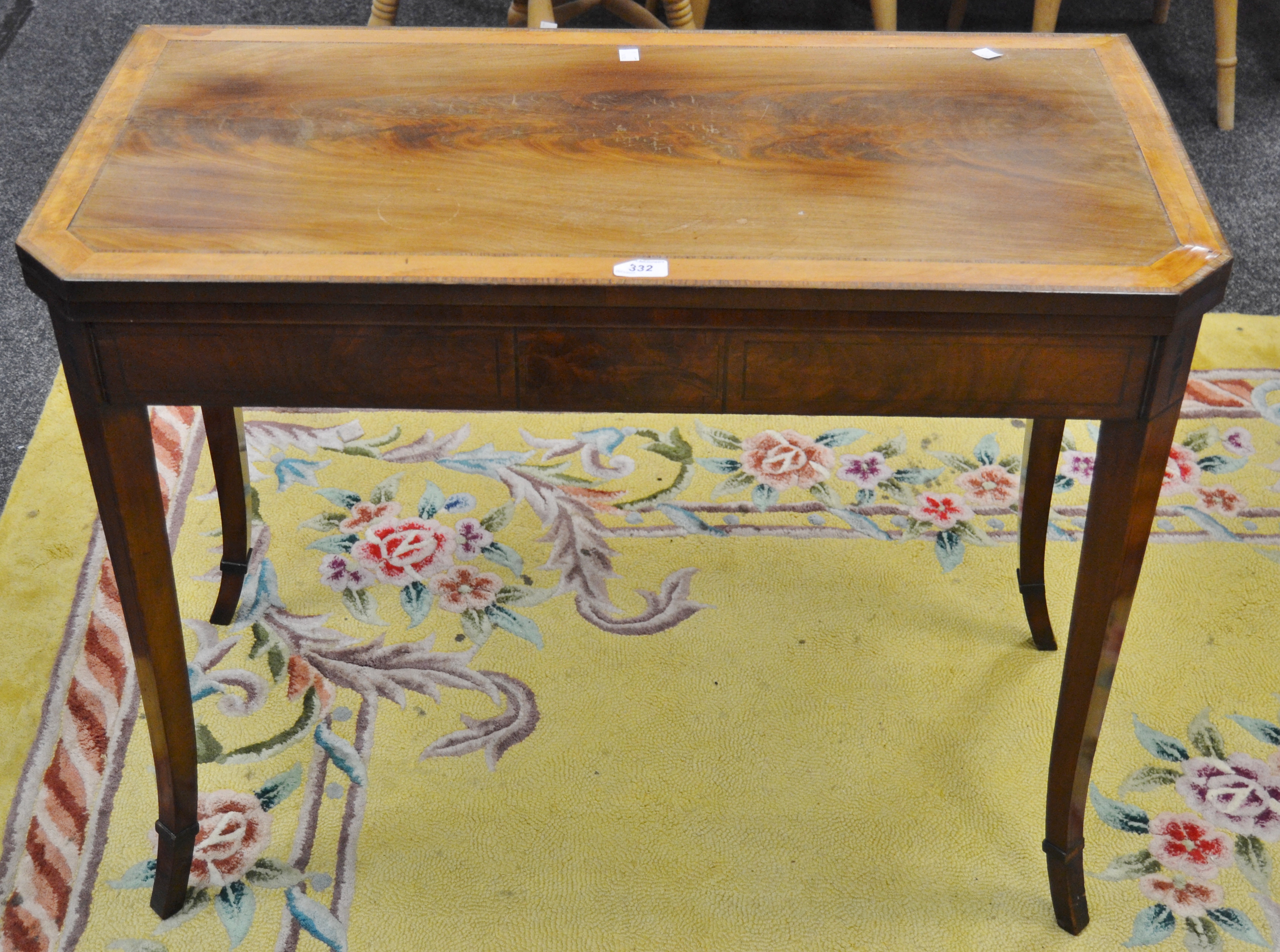 An Edwardian bleached mahogany fold over card table , satinwood inlay border, ebony stringing,