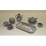 A miniature Wedgwood Jasperware teapot; another; pin dish; trinket pot and cover; etc.