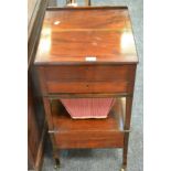 An early-19th century mahogany sewing box, hinged music stand top enclosing storage,