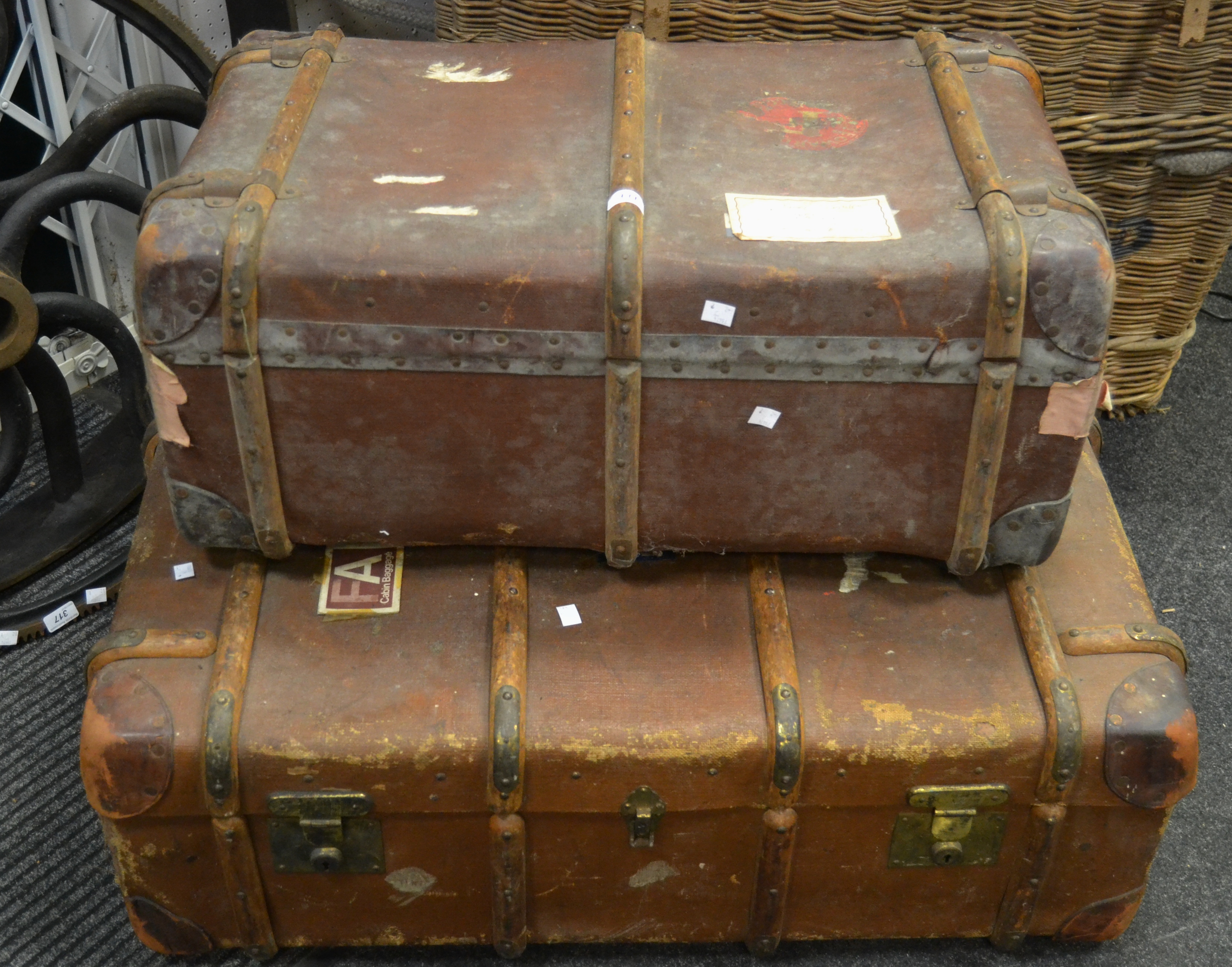 Vintage Luggage - a wooden runner steam trunk, stencilled M.L.