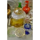 Glassware - a coloured marbled glass ewer; a smoky glass ceiling light;