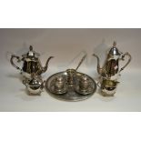 A silver plated teapot, coffee pot, sucrier, milk jug; a Turkish coffee set comprising of two cups,