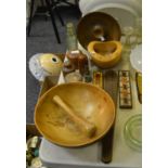 Treen - bowls; pestle and mortar ; Tunbridge ware cribbage boards;