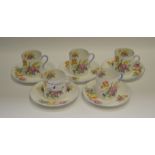 A Shelley coffee service, for five, printed with summer flowers, blue line borders,