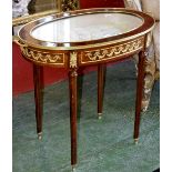 A contemporary Louis XVI style kingwood tray top bijouterie table, oval glass top,