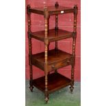 A George IV mahogany rectangular four-tier whatnot, turned finials and supports, drawer to apron,