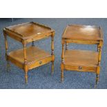 A pair of reproduction walnut veneered side tables, three quarter gallery, book veneered top,