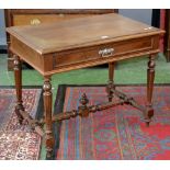 A French oak writing desk, moulded top, single drawer to frieze, turned,