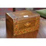 A Victorian walnut and Tunbridge banded dome topped needlework box