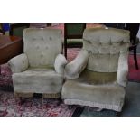 A Victorian button back armchair, padded arms, stuffed overseat, turned forelegs,