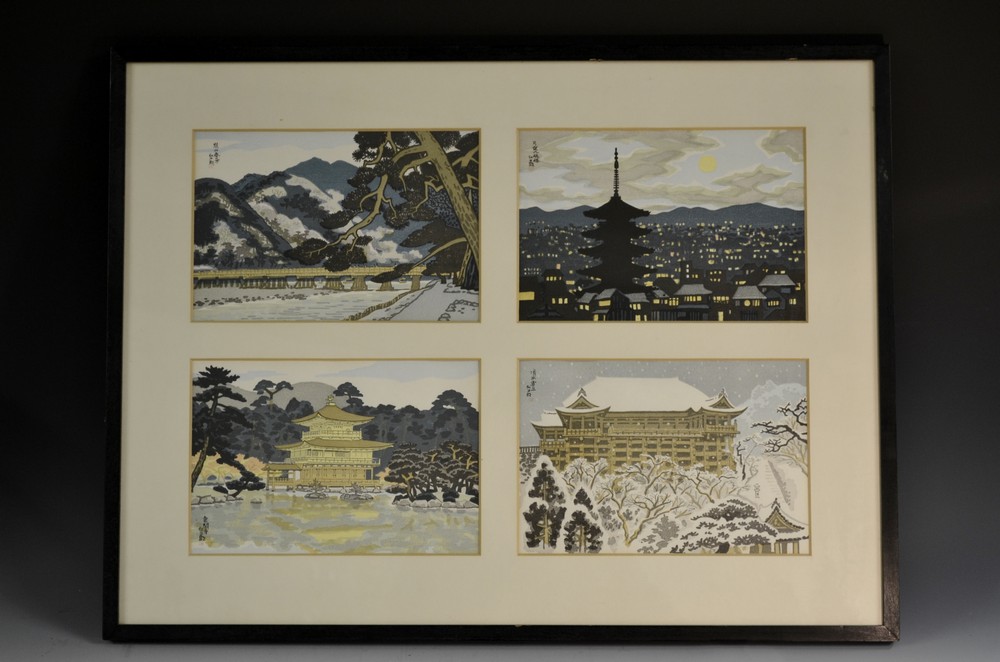 Japanese School (Shōwa period), a set of four, Urban Panorama, Temple in Winter,