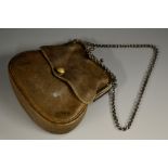 A 19th century lockable travelling purse, steel chain and key, brass naval button,