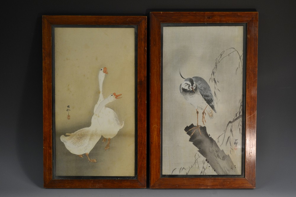 Japanese School (Meiji period), A Pair of Calling Geese, inscribed, two-character seal mark,
