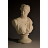 A 19th century Parian library bust, of Diana the Huntress, after the Antique, waisted socle,