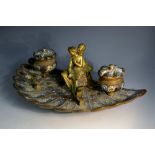 A 19th century French gilt bronze and champlevé enamel fan-shaped desk stand,