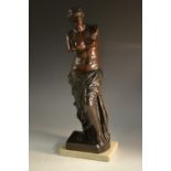 A 19th century bronzed library model, the Venus de Milo, after the Antique, rectangular marble base,