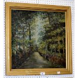 Continental school The Woodland Path indistinctly signed, oil on board,