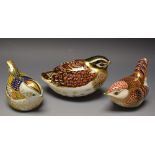 A Royal Crown Derby Firecrest; Dappled Quail and Derby Wren, all gold stopper,