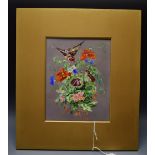 A 19th century paint porcelain panel, Gold Finch,Chicks and Nest of Poppys, Cornflowers, Roses,