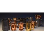 Copper and pewter tankards and measures, early 19th century and later, including quarts, pints,