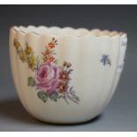 A Chelsea fluted tea bowl, painted with Meissen style summer flowers, brown line border,