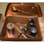 An Arts and Crafts planished copper rectangular tray; 19th century Welsh brass spoon; flatware;