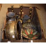 Metalware - A Hampden Pewter tripod rocket bowl; a pair of brass candlesticks; a copper planter;