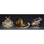 A Royal Crown Derby paperweight, Garden Snail, 3514/4500, gold stopper, certificate, boxed; others,