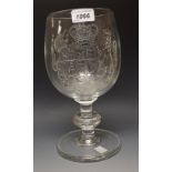 A large Tutbury commemorative goblet, engraved with crest, the verso Elizabeth R 1953,