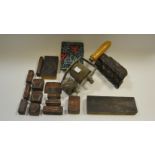 An early 20th Century wall paper roller; various wooden printing blocks; etching plates;