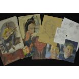 An interesting folio of oil paintings and works on paper, various subjects, pencil portraits,