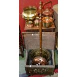 Metalware - a brass coal box with liner embossed with tavern scenes; a copper kettle;