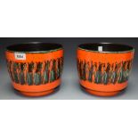 A pair of retro German Fat Lava orange and turquoise planters,