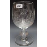 A large Tutbury commemorative goblet, engraved with crest, the verso Elizabeth R 1953,