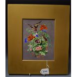 A 19th century paint porcelain panel, Gold Finch,Chicks and Nest of Poppys, Cornflowers, Roses,