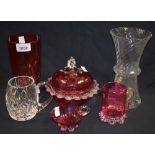 Glassware - a Victorian Cranberry celery vase; jug; etc.; a Dartington crystal vase, boxed; etc.