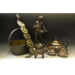 A spelter figure of a Fisher Boy; a cast nutcracker in the form of a dog; brass jam pan;