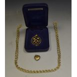 A 9ct gold love heart locket, 1.9g; a gold coloured metal chain, the clasp stamped 9ct, 17.