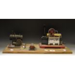 Mamod steam engine, mounted on a wooden plinth; another,