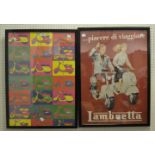 Prints - a vintage Lambretta advertisement, 69 cm x 49 cm; another similar,