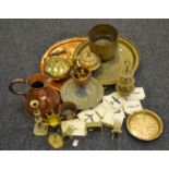 Metalware - large brass charger; others; a large brass jug; a copper tea pot;