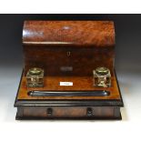 A Victorian burr walnut combination inkstand and stationery box, c.