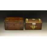 A Victorian walnut tea caddy, Tunbridge bands, c1870; another domed,