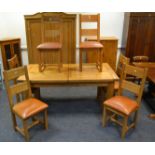 A contemporary light oak extendable dining table, a set of six conforming dining chairs,