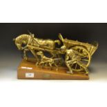 Brass model of a man pushing his horse drawn cart, 'Toil',