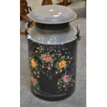 A Bargeware painted milk churn typically painted with Roses and Harebells on a black ground