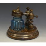 A Victorian inkstand, the blue glass well with hinged cover mechanism, c.