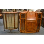 An early 20th century side by side walnut display cabinet c.1930; a walnut bowed display cabinet c.