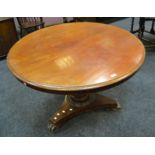 A Victorian mahogany circular breakfast table, carved baluster support, lion claw feet c.